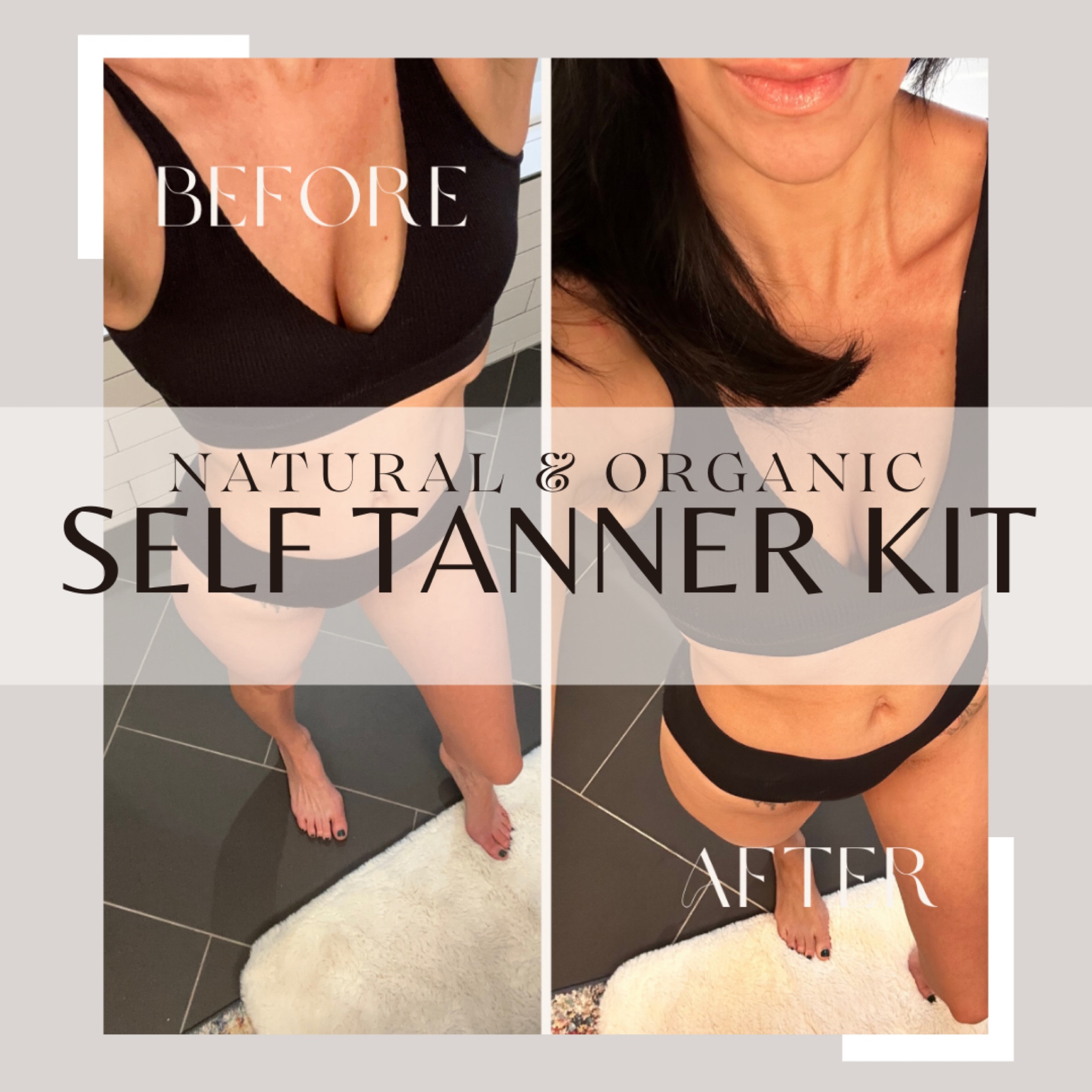 Natural and organic self tanning kit with lightweight mousse formula that isn’t sticky or orange.