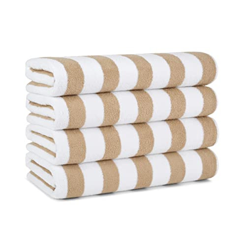 Arkwright Cali Cabana Stripe Beach Towel - Pack of 4, Soft Quick Dry 100% Cotton Terry Towels Set for Pool, Swim, and Hot Tub, 30 x 60 in, Beige | Amazon (US)