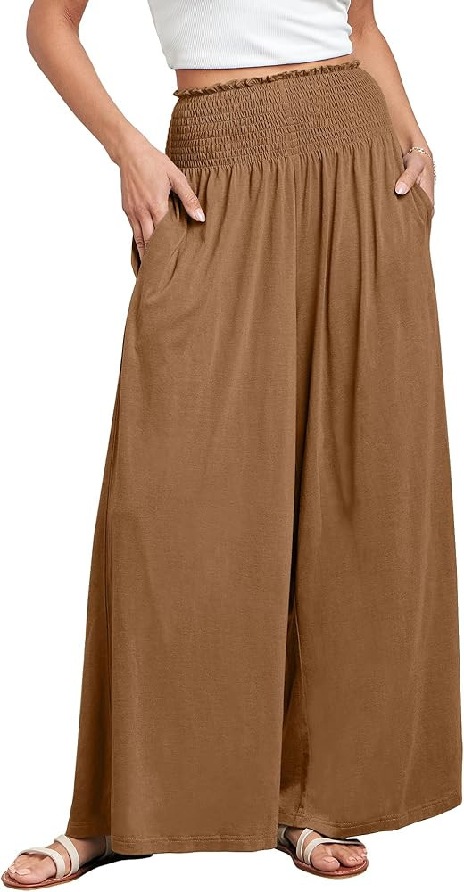 ANRABESS Women Palazzo Pants Summer Boho Wide Leg High Waist Casual Loose Lounge Pant Trousers wi... | Amazon (US)