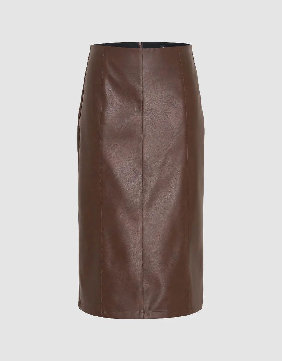 Vegan Leather Midi Straight Skirt | Urban Revivo