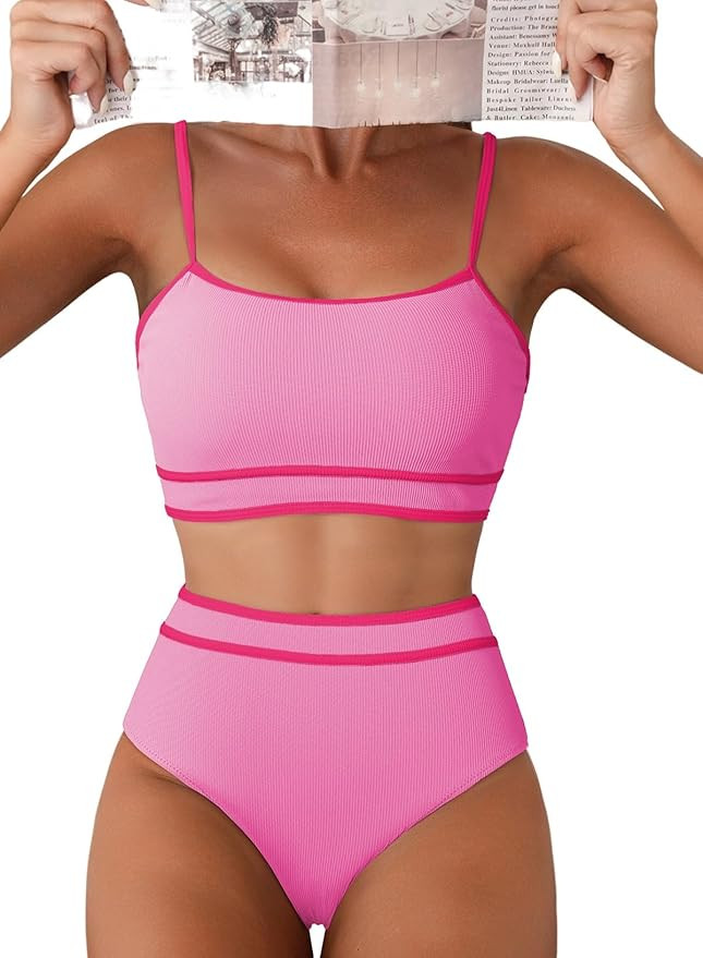 Herseas Women's Ribbed Bikini Sets Color Block Swimsuit High Waisted Bathing Suit | Amazon (US)