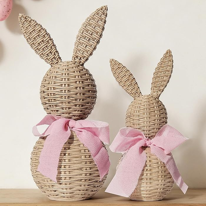 WDS WONDROUS Rattan Effect Resin Bunnies with Light Pink Bow 2-Pcs Large & Small, Easter Decorati... | Amazon (US)