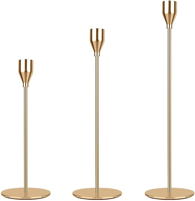 Gold Candle Holders Set of 3, Metal Candlestick Holders, Taper Candles Stand Holder, Elegant Cand... | Amazon (UK)