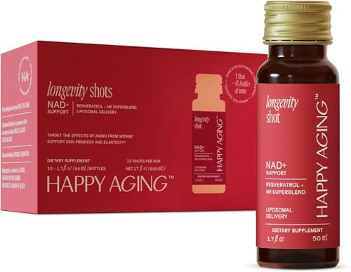 Happy Aging Liquid NAD+ Longevity Shots | Liposomal Nicotinamide Riboside and Resveratrol with Ceramides & Antioxidants | Twice-a-Week | Firm Skin & Brain Health| NMN Alternative | 30-Week Supply | Amazon (US)