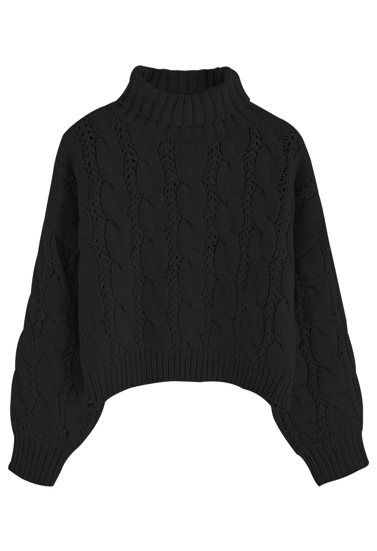 Turtleneck Braid Knit Crop Sweater in Black | Chicwish