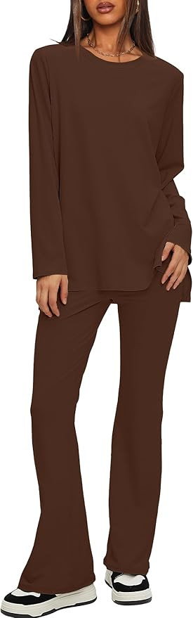 Darong Women 2 Piece Set Fall Outfit Cross Waist Flare Pants Long Sleeve Tunic Top Matching Loung... | Amazon (US)