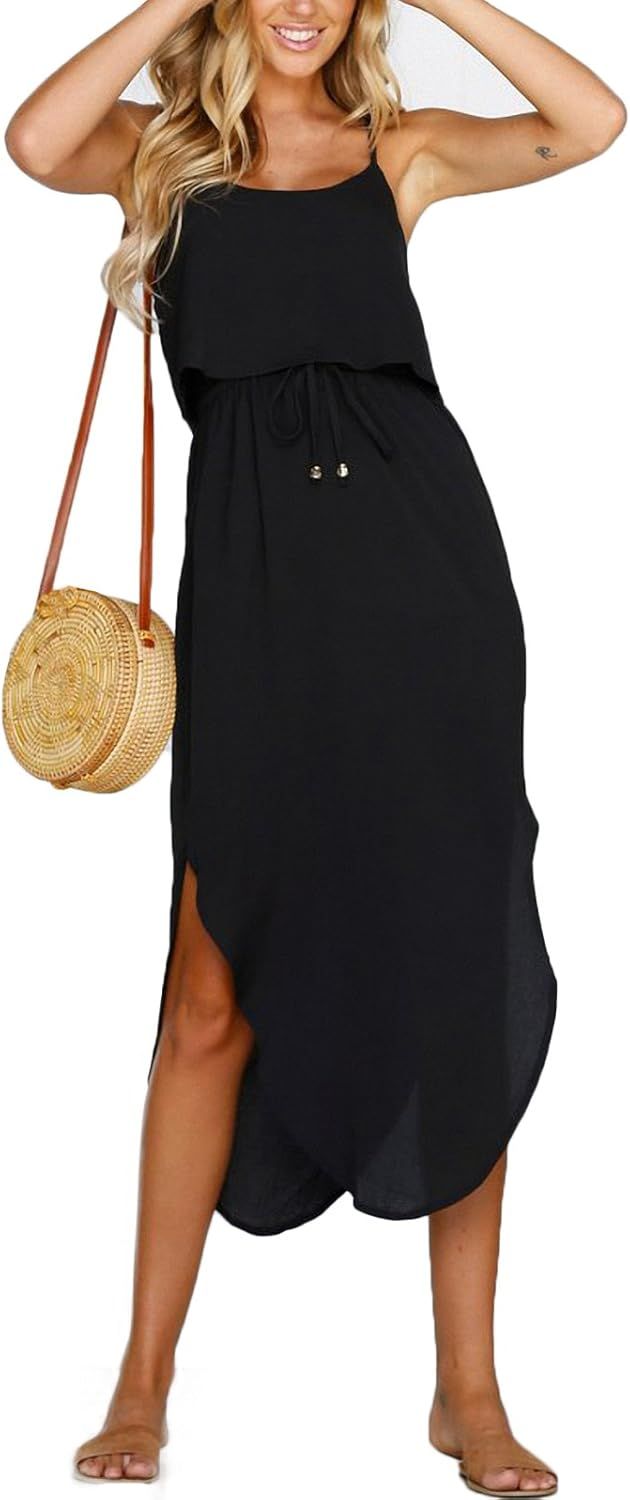 Women's Adjustable Strappy Split Summer Beach Casual Midi Dress | Amazon (US)