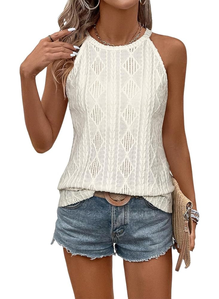 BLENCOT Casual Crochet Knit Tanks Tops for Women Sleeveless Eyelet Textured Solid Color Halter Ne... | Amazon (US)