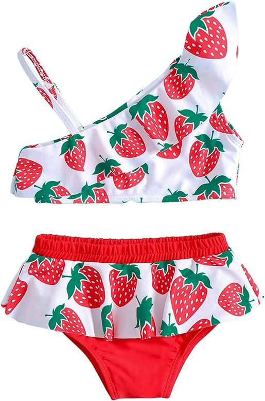 Girl's 2 Piece Set Watermelon Print Ruffle Hem One Shoulder Bikini Sets Bathing Suit | Amazon (US)
