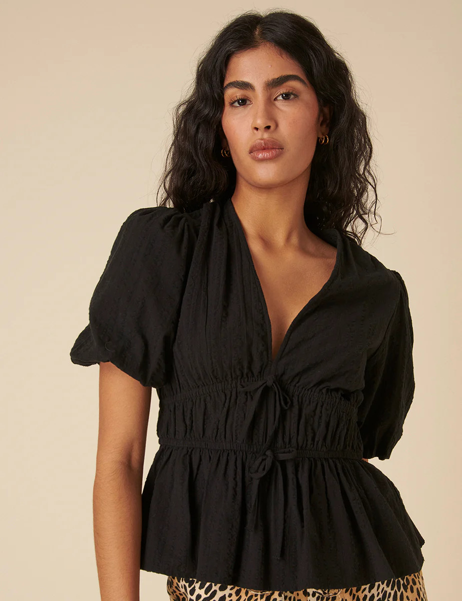 Black Tie Front Puff Sleeve Top | Nobody's Child