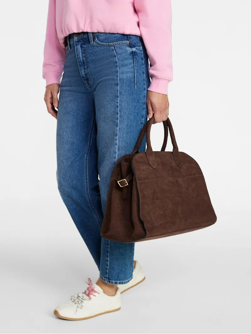 Time and Tru Women's Sage Satchel Soft Faux Suede Tote Bag, Chocolate | Walmart (US)