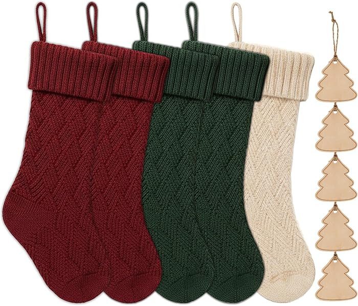Christmas Stockings Set of 5 Knit Burgundy Green Family Ornament Stockings Fireplace Xmas Tree Gi... | Amazon (US)