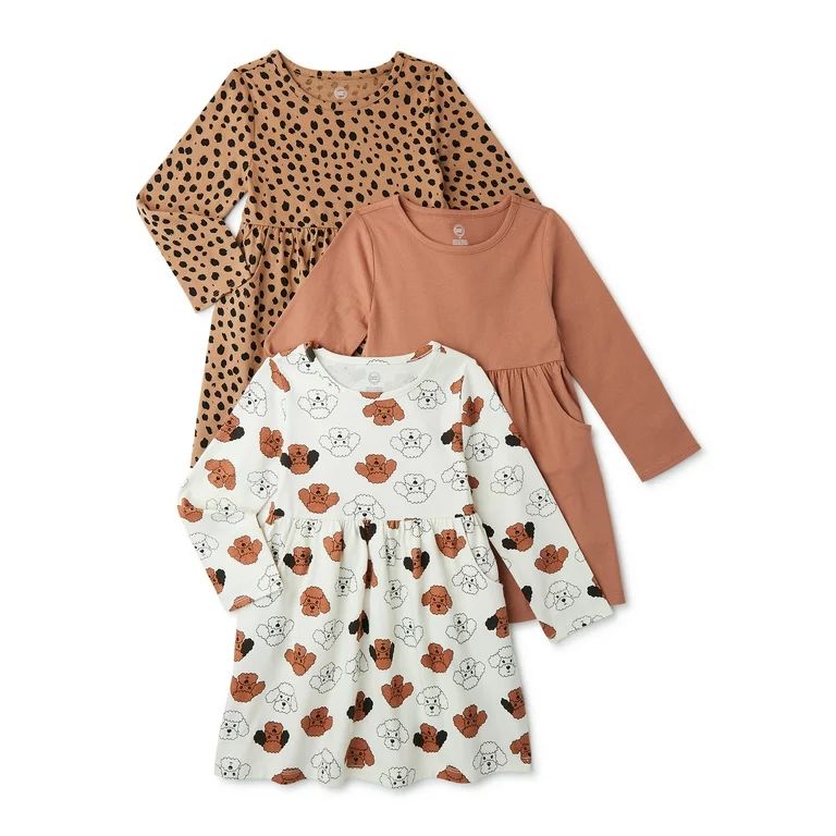Wonder Nation Baby and Toddler Girls' Long Sleeve Dress with Pockets, 3 Pack - Walmart.com | Walmart (US)