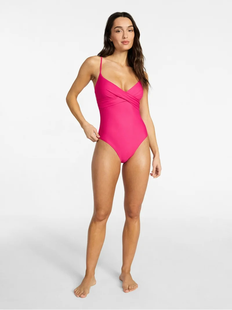 Time and Tru Women's and Women's Plus Size Essentials Tricot Ruched Front One Piece Swimsuit, Siz... | Walmart (US)