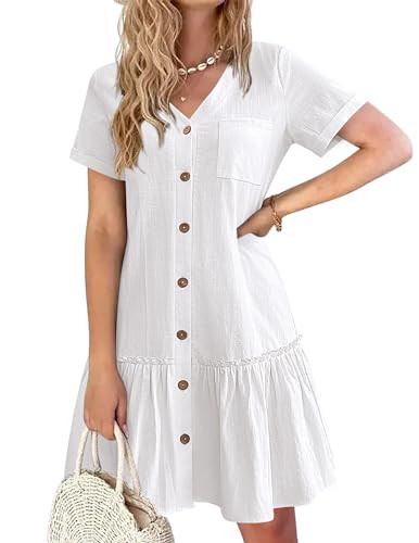 HOTOUCH Women Casual White Button Down Dress Cotton Linen Dress for Summer A Line Swing Dress Ruffle Hem Dress, White XXL | Amazon (US)