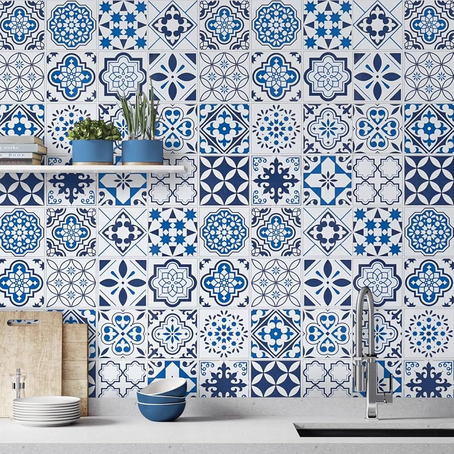 Timeet 197"x 17.7"Blue Pattern Wallpaper Glossy Surface Waterproof Contact Paper Decorative Self ... | Amazon (US)