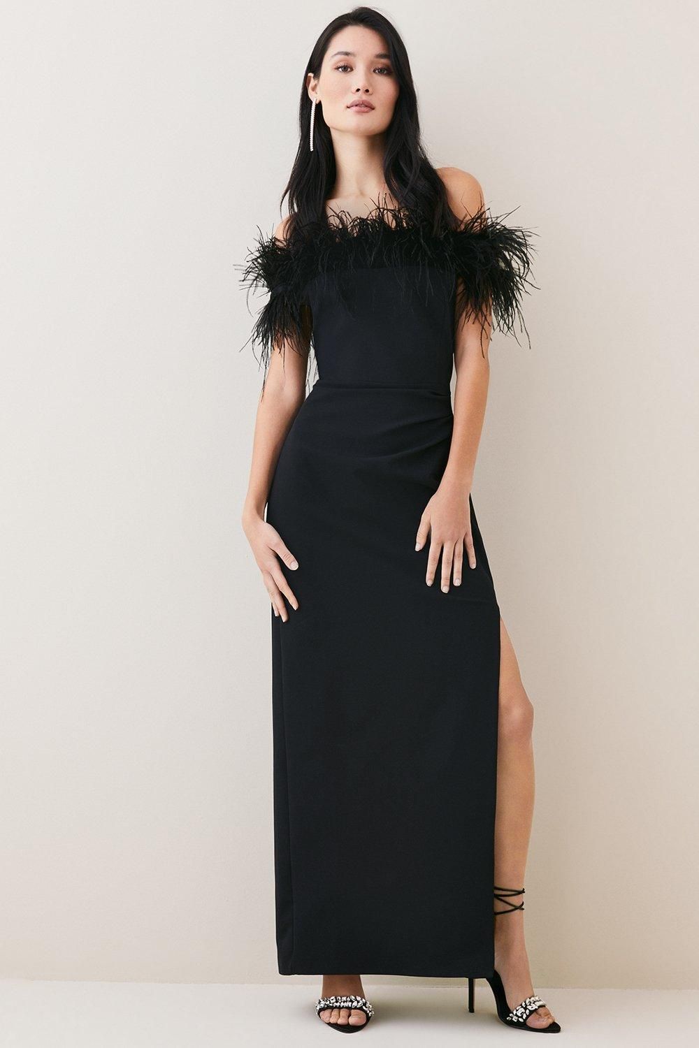 Feather Off The Shoulder Stretch Crepe Maxi Dress | Karen Millen US
