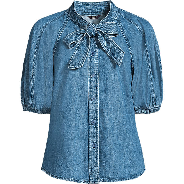 Women's Denim Puff Sleeve Tie Front Top | Lands' End (US)