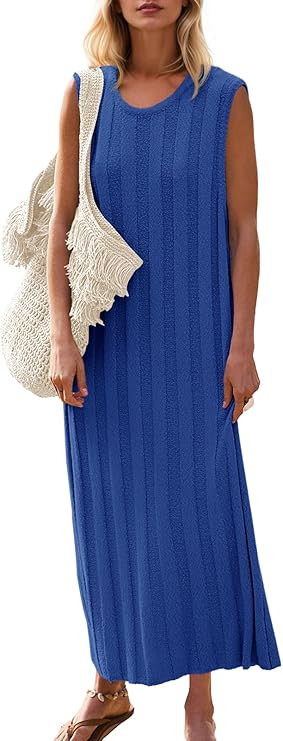 Fisoew Women's Summer Sleeveless Maxi Dress Scoop Neck Ribbed Knit Tank Top Dresses | Amazon (US)