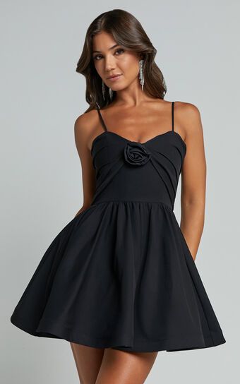 Angel Mini Dress - Sweetheart Rosette Fit and Flare Dress in Black | Showpo (US, UK & Europe)