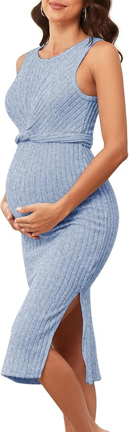 2024 Ribbed Knit Maternity Dress Crisscross Self Tie Sleeveless Tank Bodycon Slits Baby Shower Va... | Amazon (US)
