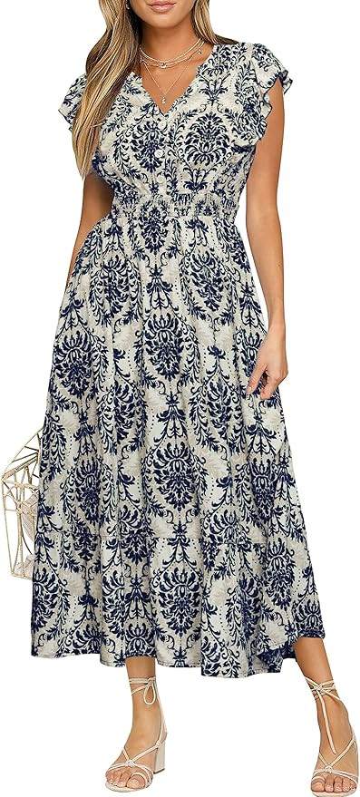 BerryGo Womens Summer Floral Maxi Dress Casual Boho V Neck Ruffle Short Sleeve Beach Long Dresses... | Amazon (US)