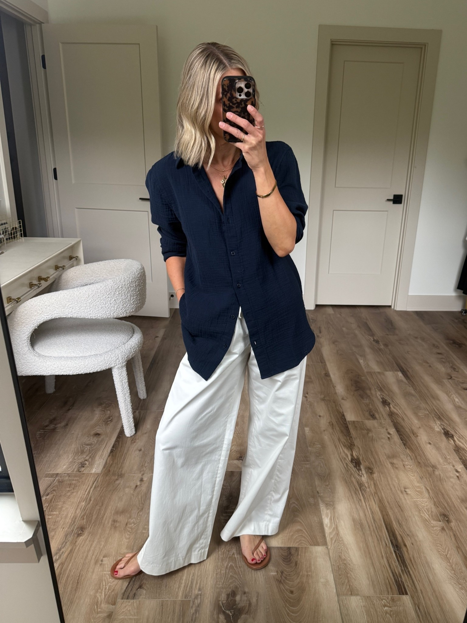 Wearing small pants, xs gauze shirt (runs big), sandals tts