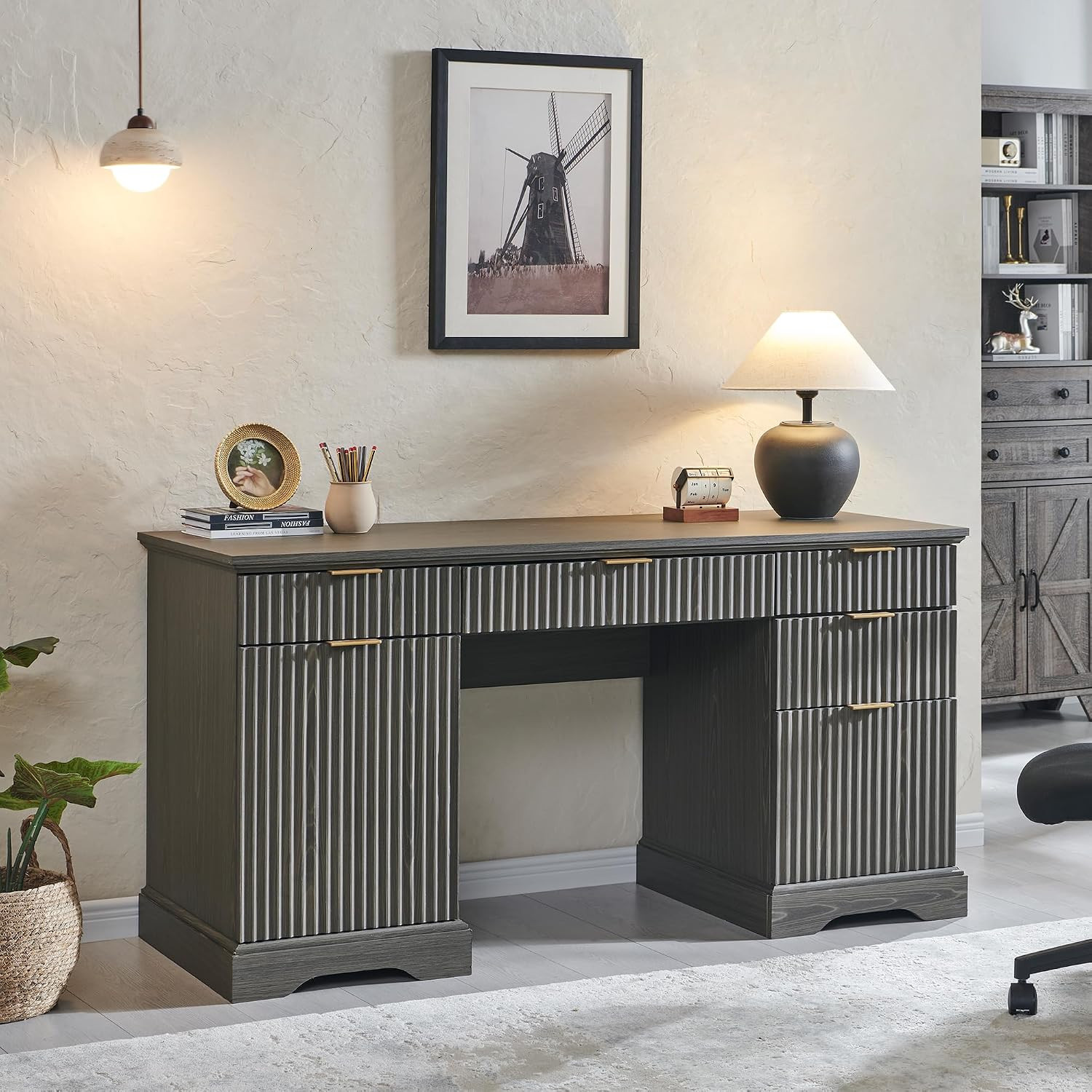 JXQTLINGMU 58" Modern Executive Desk with Storage, Wood Home Office Desk with Drawer & Cabinet, F... | Amazon (US)