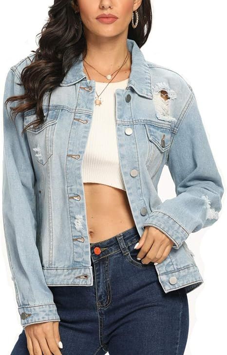 PEIQI Classic Jean Jackets for Women Basic Long Sleeve Button Downs Ripped Denim Jackets | Amazon (US)