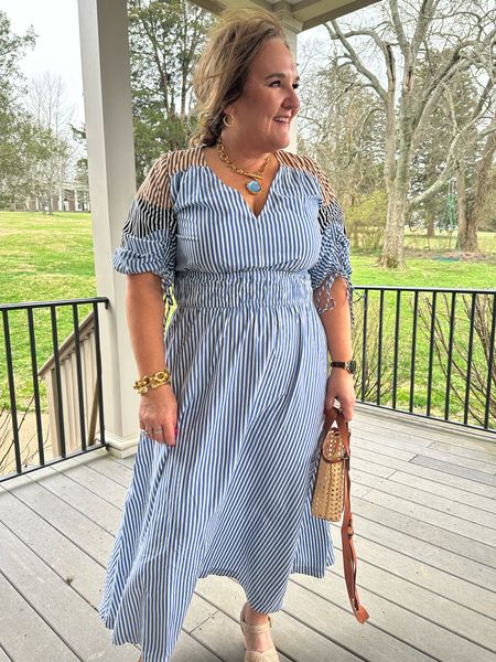 Spring dress Easter dress vacation dress. Love the stripes! I’m wearing a large reg but it is available in petites too. 


Loft 

#LTKfindsunder100 #LTKsalealert #LTKmidsize