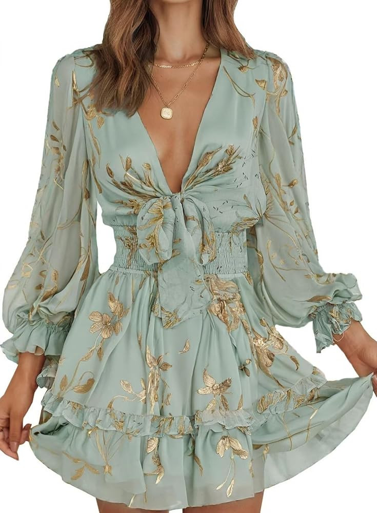 Dokotoo Womens Casual Spring Fall 2025 Deep V Neck Knotted Tiered Chiffon Elegant Mini Short Swin... | Amazon (US)