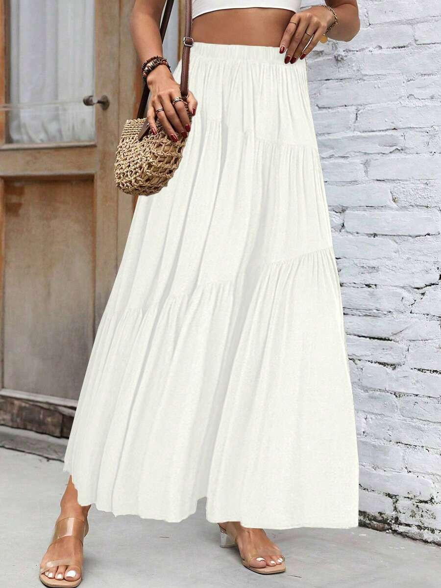 SHEIN Privé Ladies' Solid Color Maxi Skirt With Ruffled Hemline | SHEIN