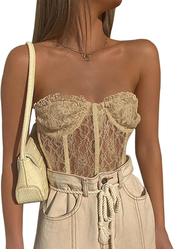 MISSACTIVER Women's Y2K Sexy Lace Floral Corset Top Patchwork Bustier See Through Mesh Tube Crop Tan | Amazon (US)