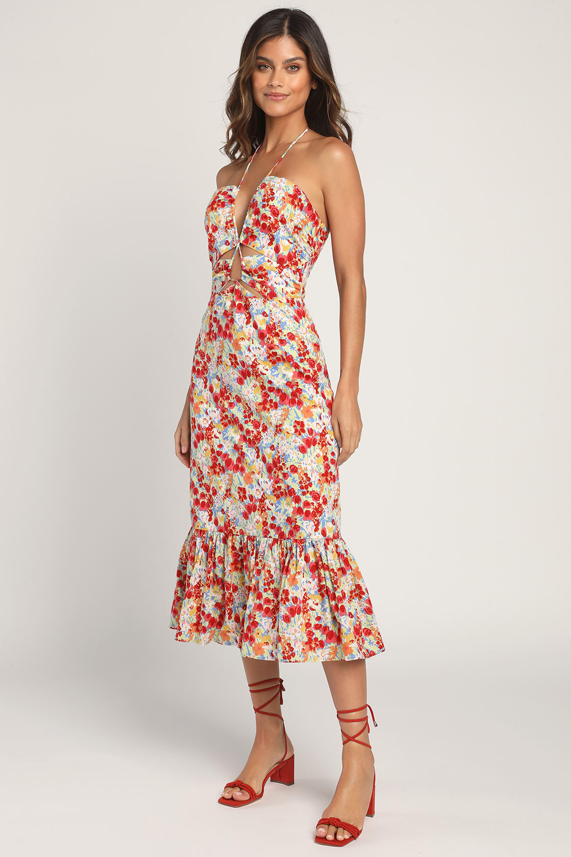 Stun the Scene Red Multi Floral Drawstring Halter Midi Dress | Lulus (US)