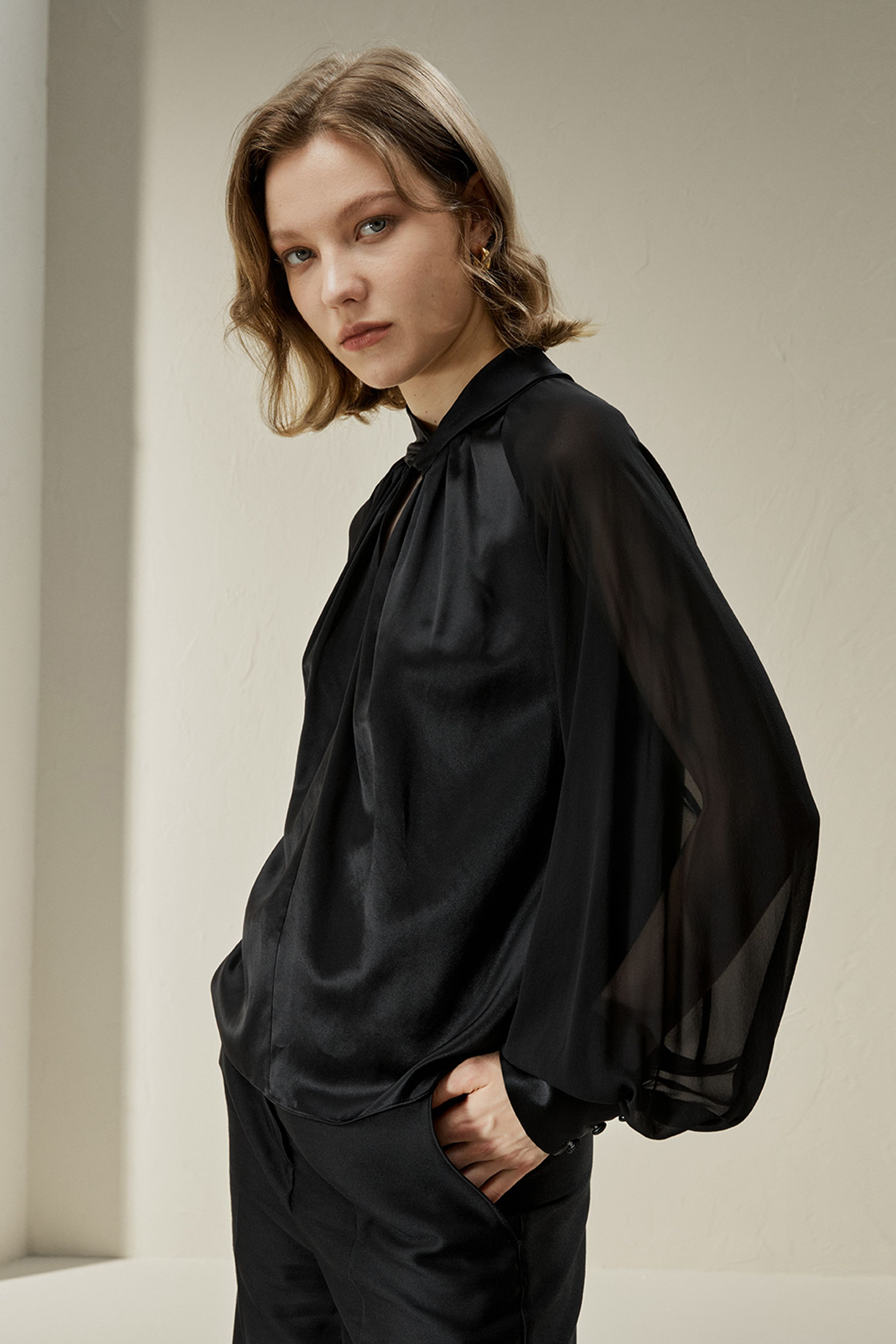 Evelyn Silk Blouse with Semi-Sheer Sleeves | LILYSILK