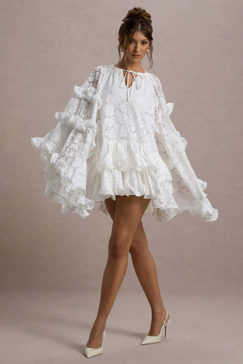 Arlington  White Lace Cape-Sleeve Mini Dress | Club L London