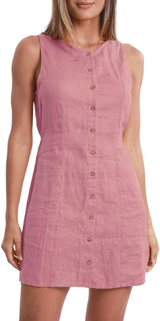 Amazhiyu Women's 100% Linen Button Down Mini Tank Dresses Sleeveless Summer | Amazon (US)