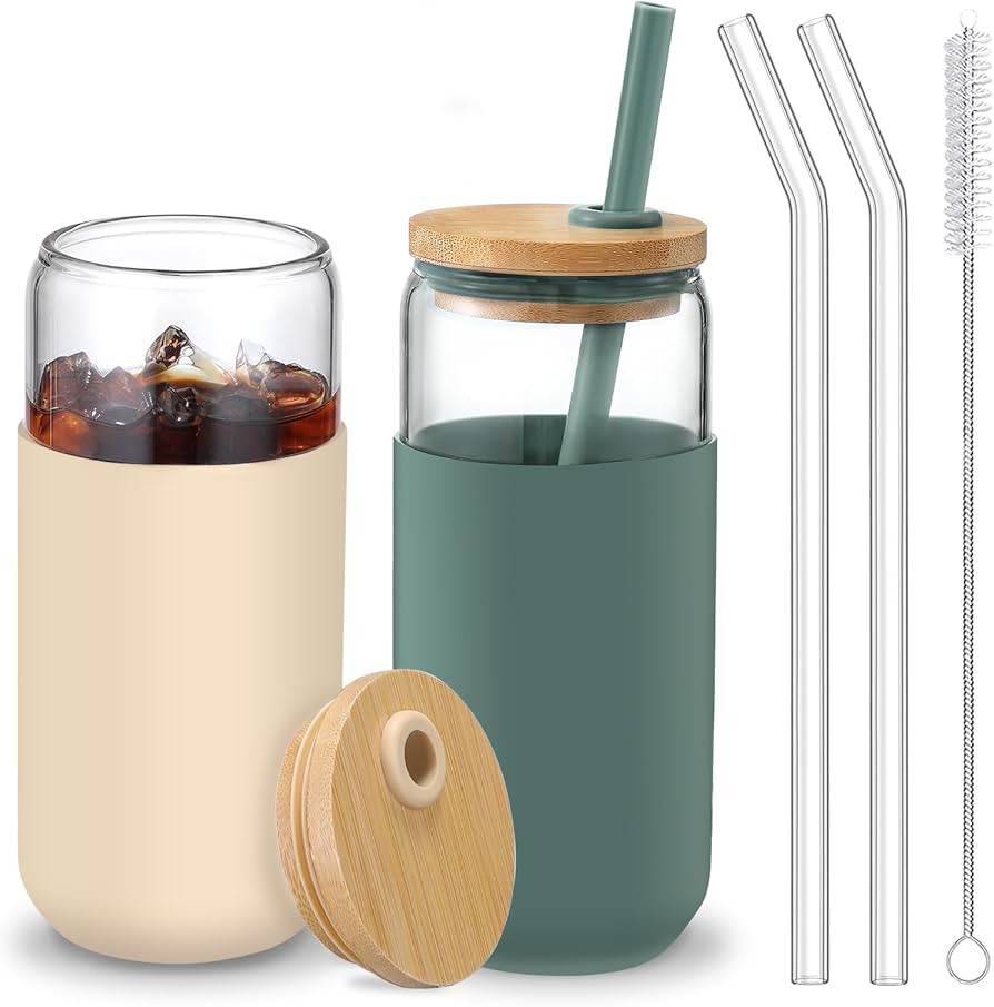 20 OZ Glass Cups with Bamboo Lids and Straws - Beer Can Shaped Drinking Glasses with Silicone Pro... | Amazon (US)