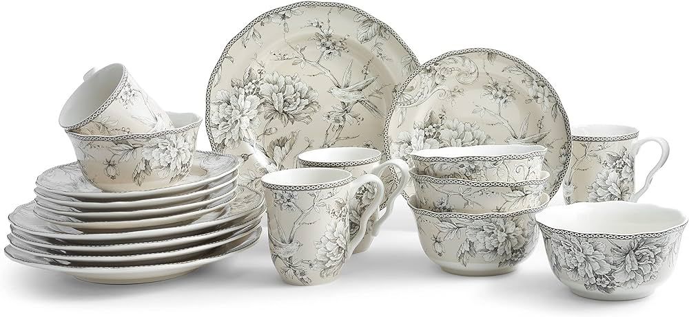 222 Fifth Adelaide 16-Piece Porcelain Dinnerware Set with Round Plates, Bowls, and Mugs, Antique Whi | Amazon (US)