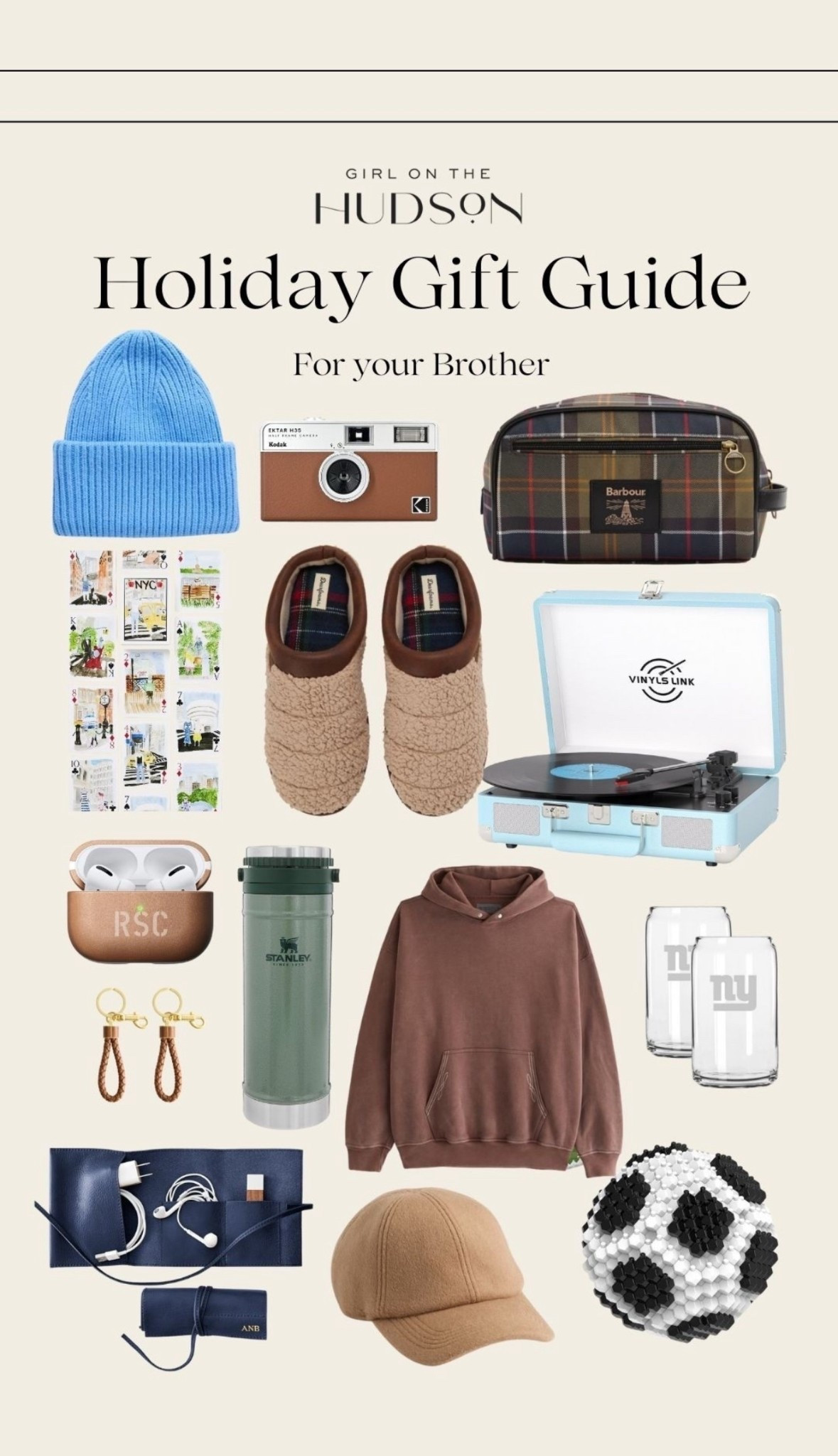 Gift guide for your brother!! Fun hats, Barbour wash bag, the sweatshirt that my husband loves, playing card, a cool record player, leather keychain, analog camera, drinking glasses, cozy slippers, Stanley coffee cup, monogram AirPod case and more!  

#LTKGiftGuide #LTKHoliday #LTKMens