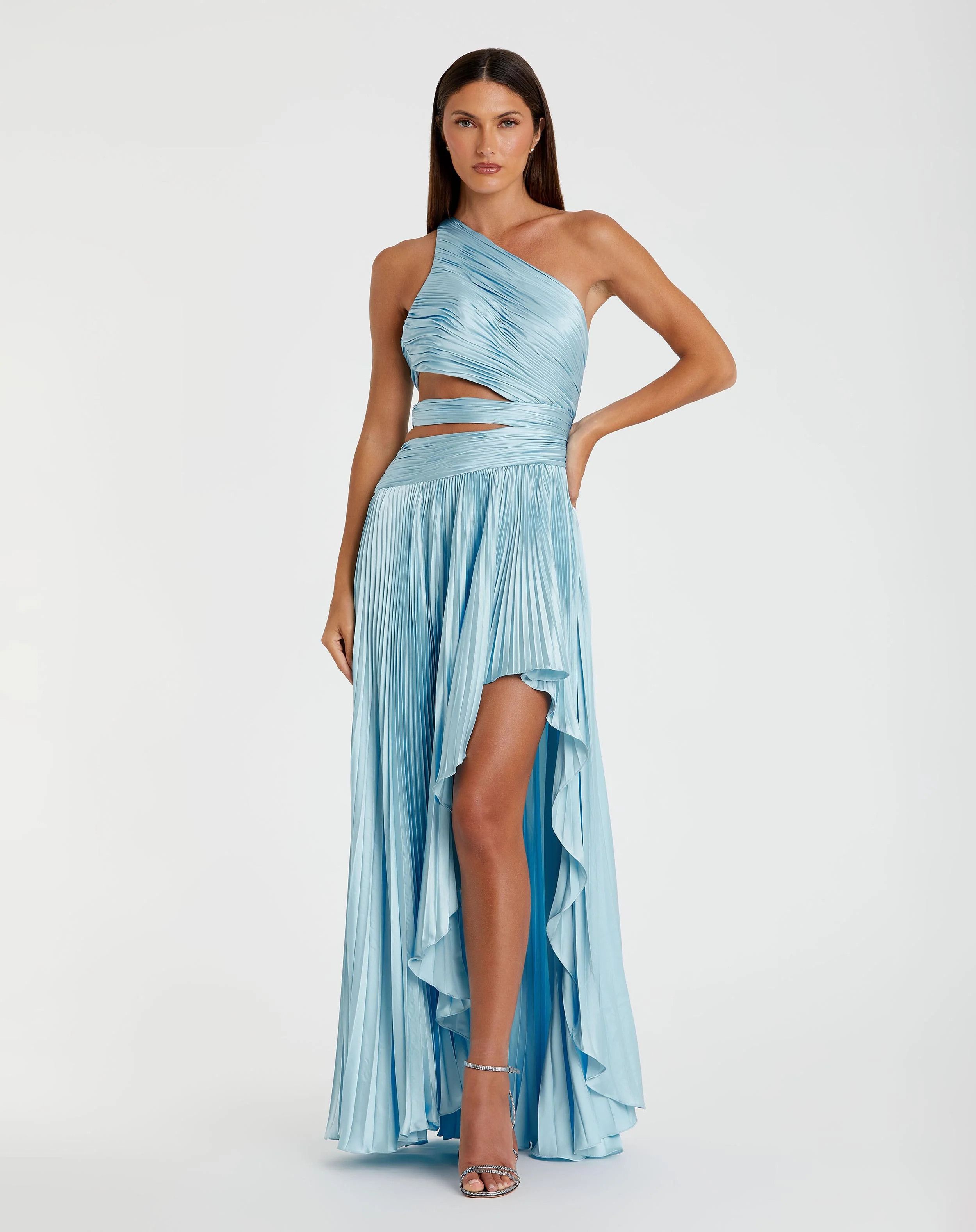 Blue One Shoulder Pleated Charmeuse High Low Gown | Mac Duggal | Mac Duggal