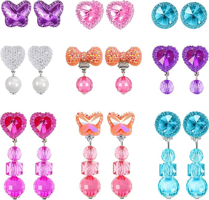Hicarer 9 Pairs Girls Clip on Earrings Pretend Princess Play Earrings Jewelry Set(Bright Colors) | Amazon (US)