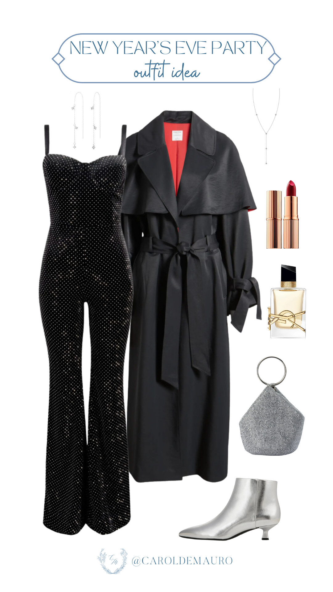 Here's a posh all-black outfit idea that you can wear this New Year's Eve: a black sequined sleeveless jumpsuit paired with a black trench coat and a pair of silver booties! Accessorize with gold drop earrings, a Y-necklace, and a cute rhinestone handbag to finish off the look.
#holidayoutfit #sparkleandshine #NYEparty #fashionstyling 

 #LTKSeasonal #LTKParties #LTKStyleTip
