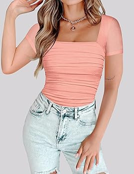 Chunpin Women's Square Neck Mesh Short Sleeve Bodysuit Outfits Tops Sexy Thong Bodysuit | Amazon (US)