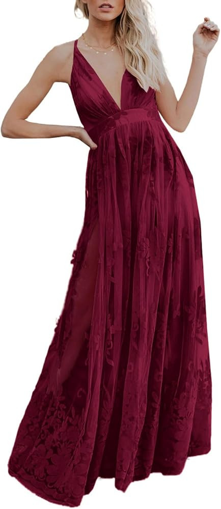 Dokotoo Womens Formal Dresses Deep V-Neck Embroidered Lace Mesh Evening Party Prom Dress Long Wed... | Amazon (US)