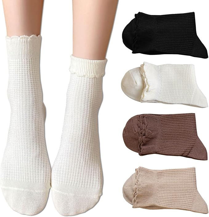 zrylibya Women Cute Ruffle Frilly Turn Cuff Ankle Socks Scalloped Pointelle Solid Casual Crew Soc... | Amazon (US)