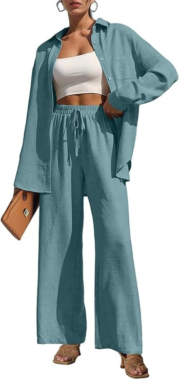 Lepunuo 2 Piece Outfits for Women Casual Lounge Sets Long Sleeve Button Down Shirts and Wide Leg ... | Amazon (US)