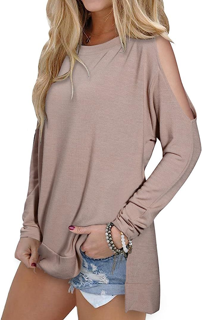 OUGES Women's Cutout Cold Shoulder Long Sleeve T-Shirt Tunic Tops | Amazon (US)