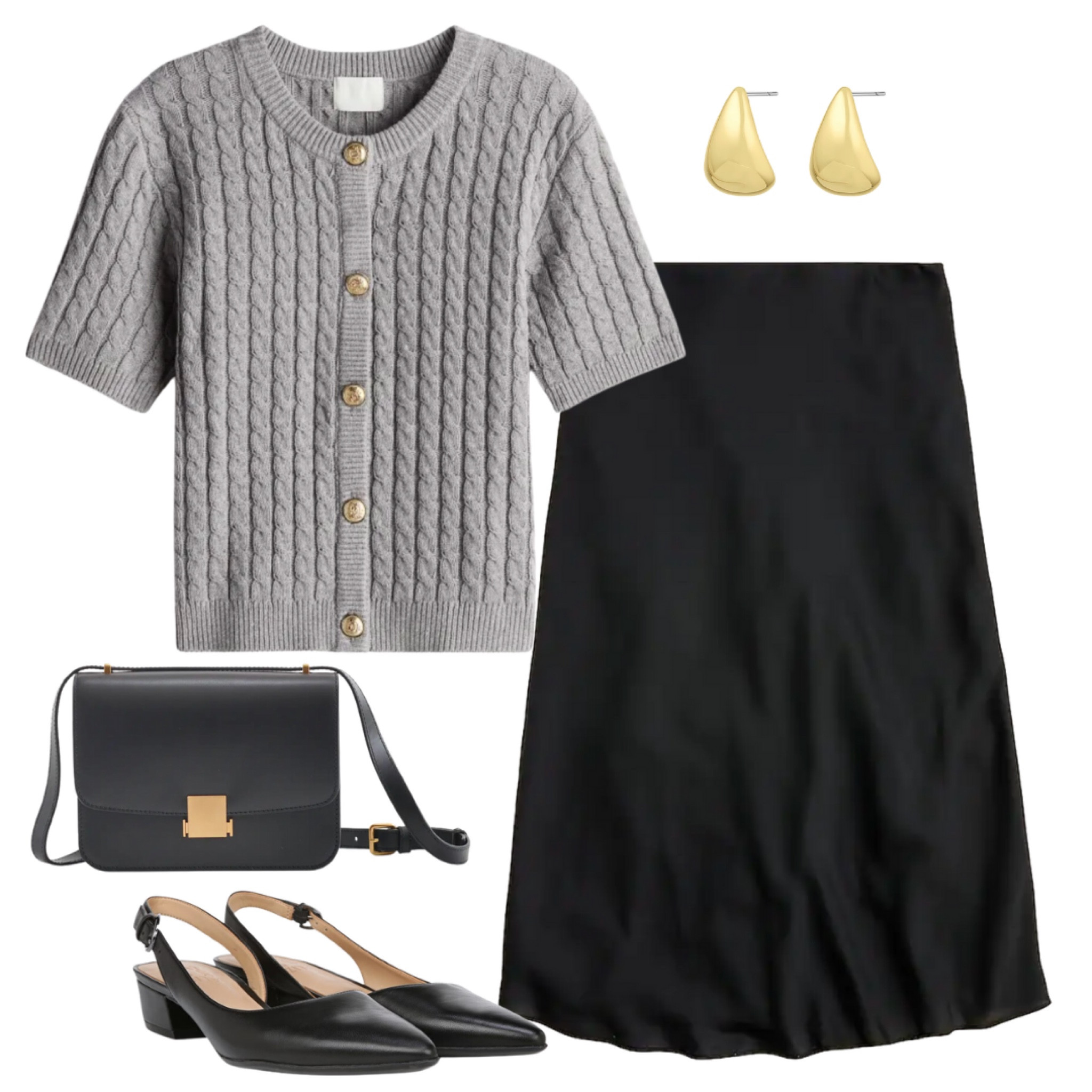 How to style a short sleeve cardigan.

Black silk slip skirt, Slingback pumps, black shoulder bag