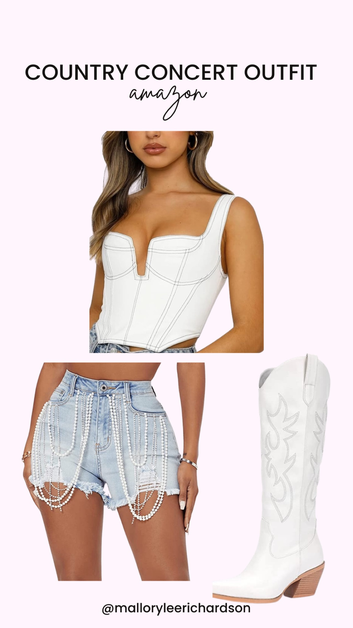 Country concert outfit inspo! 
denim shorts, pearl beaded shorts, white top, white boots, knee high boots, western cowgirl boots, amazon fashion, summer concert, country concert outfit, style, fashion